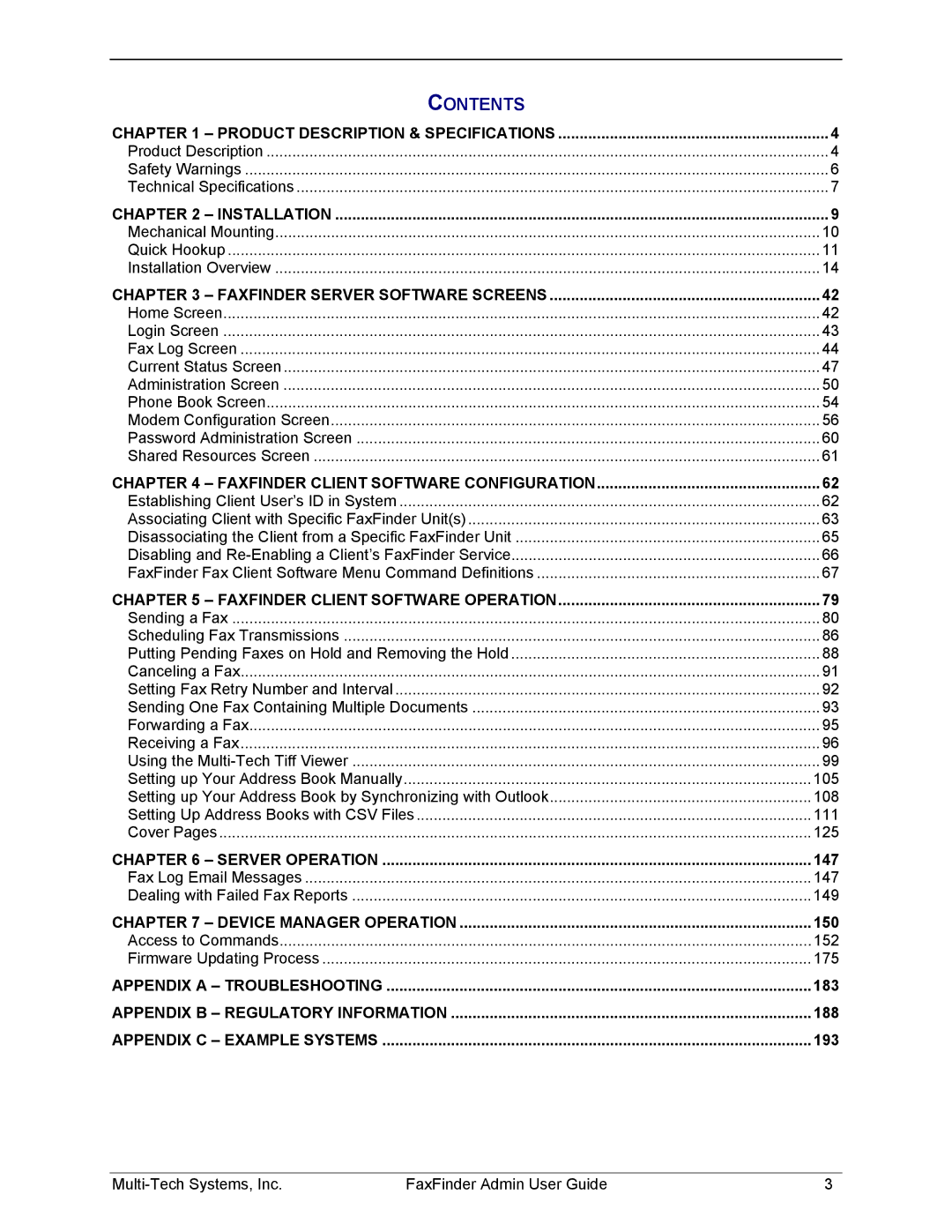 Multi-Tech Systems FF220, FF420, FF820, FF120 manual Contents 