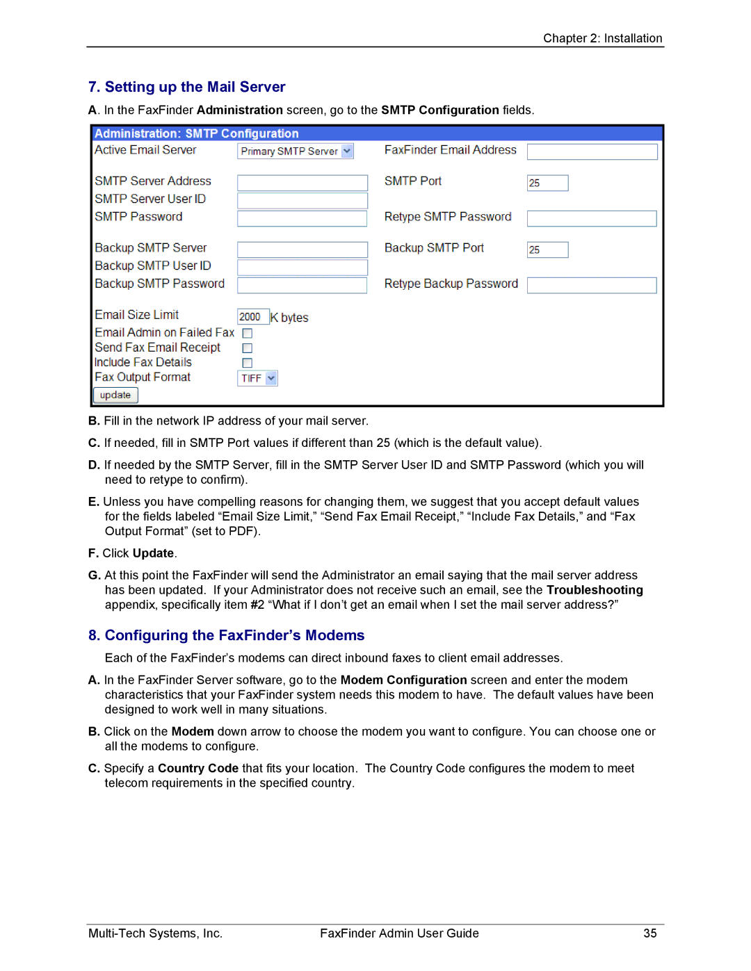 Multi-Tech Systems FF220, FF420, FF820, FF120 manual Setting up the Mail Server, Configuring the FaxFinder’s Modems 