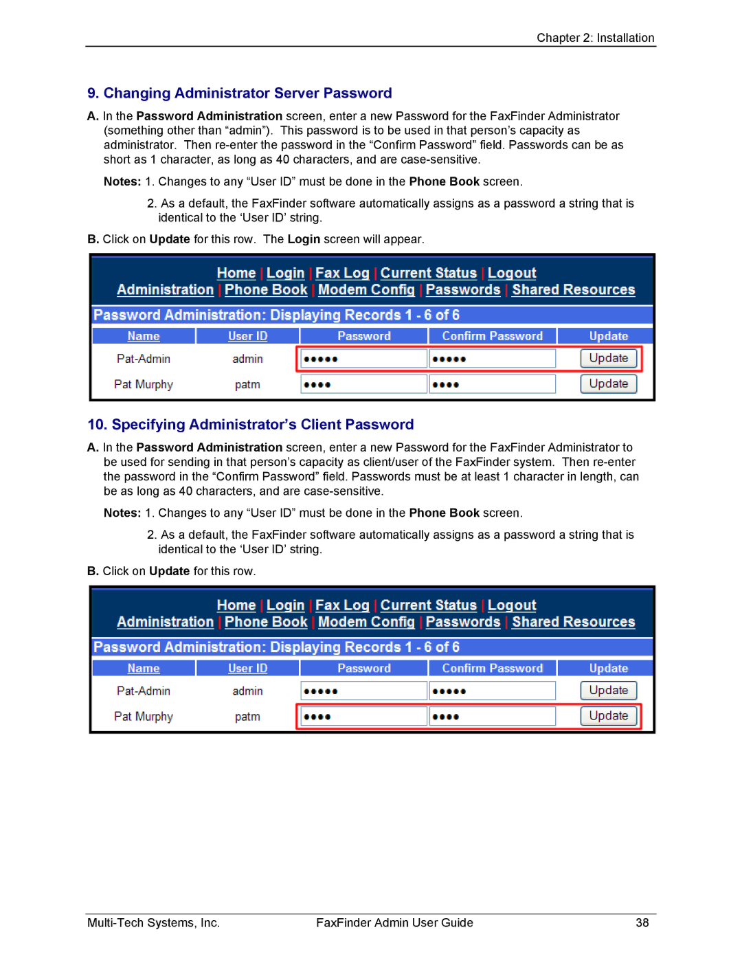 Multi-Tech Systems FF120, FF420, FF820 Changing Administrator Server Password, Specifying Administrator’s Client Password 