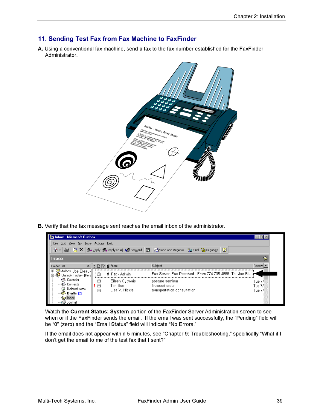 Multi-Tech Systems FF220, FF420, FF820, FF120 manual Sending Test Fax from Fax Machine to FaxFinder 