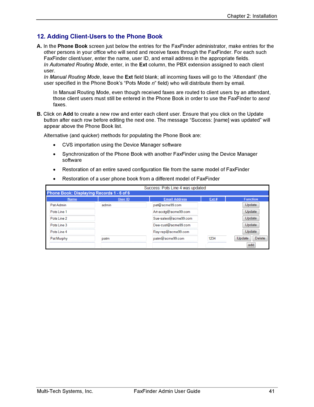 Multi-Tech Systems FF820, FF420, FF120, FF220 manual Adding Client-Users to the Phone Book 