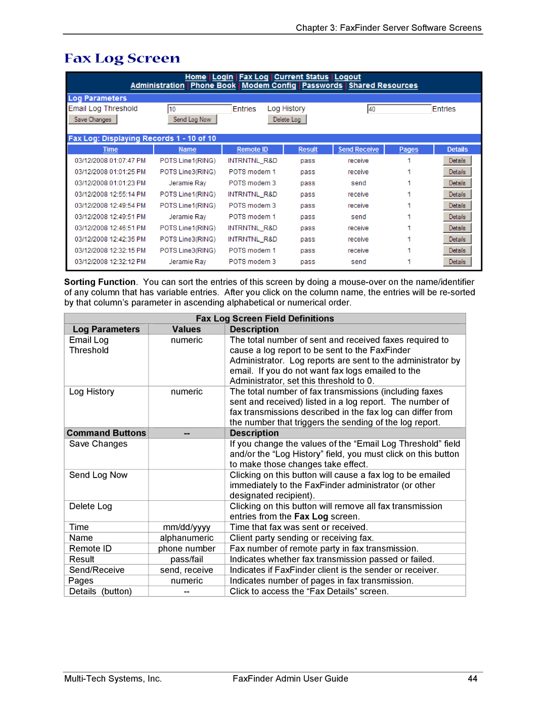 Multi-Tech Systems FF420, FF820, FF120, FF220 manual Fax Log Screen, Command Buttons Description 