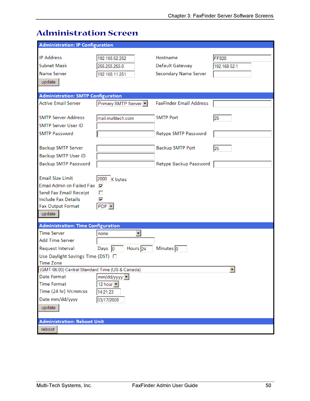 Multi-Tech Systems FF120, FF420, FF820, FF220 manual Administration Screen 