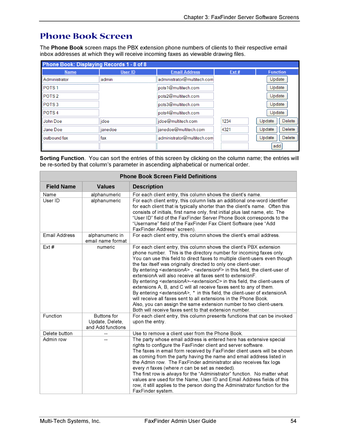 Multi-Tech Systems FF120, FF420, FF820, FF220 manual Phone Book Screen 