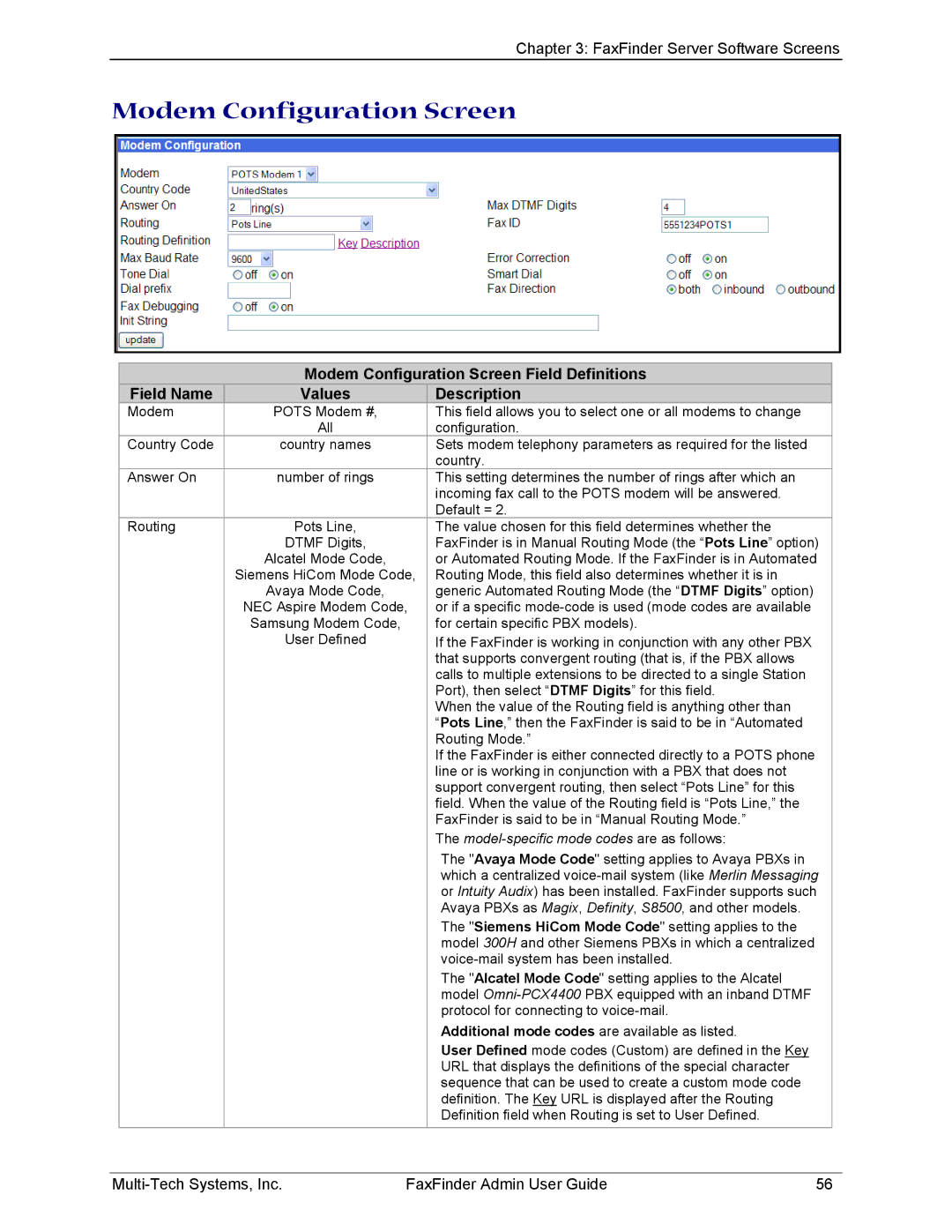 Multi-Tech Systems FF420, FF820, FF120, FF220 manual Modem Configuration Screen, Model-specific mode codes are as follows 