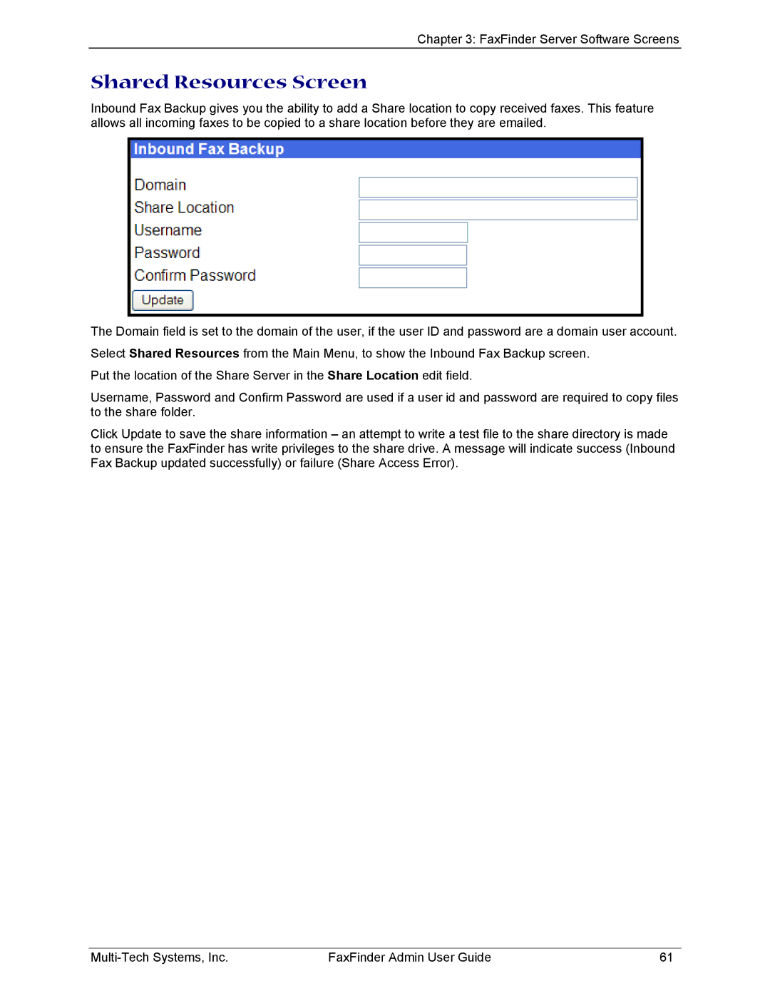 Multi-Tech Systems FF820, FF420, FF120, FF220 manual Shared Resources Screen 