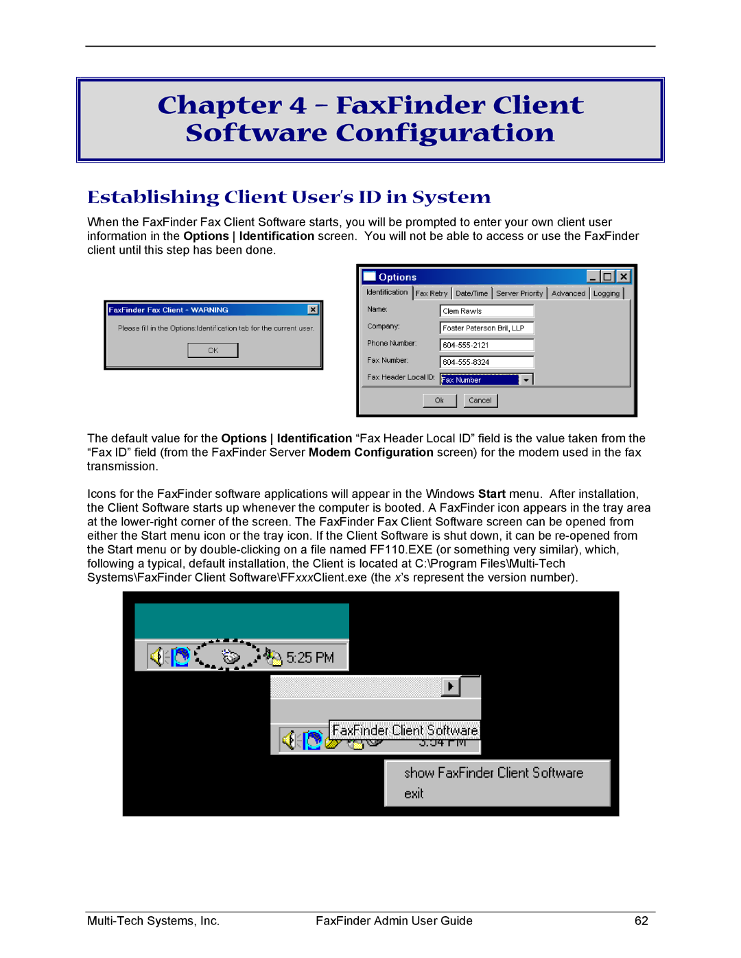 Multi-Tech Systems FF120, FF420, FF820 FaxFinder Client Software Configuration, Establishing Client User’s ID in System 