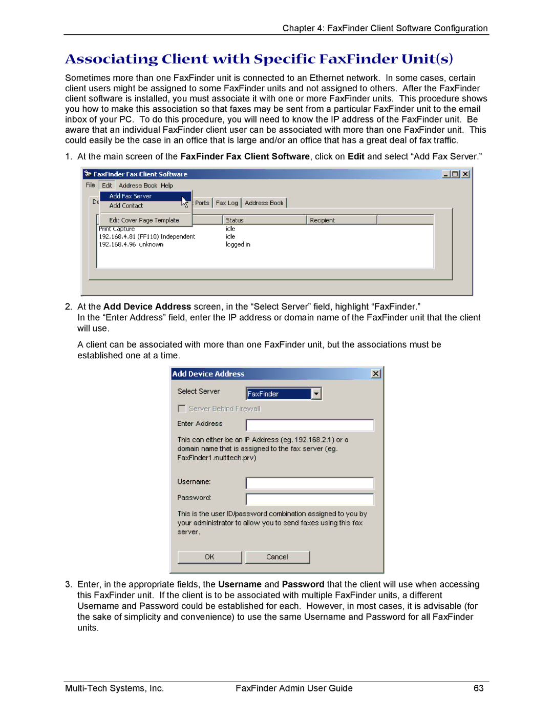 Multi-Tech Systems FF220, FF420, FF820, FF120 manual Associating Client with Specific FaxFinder Units 