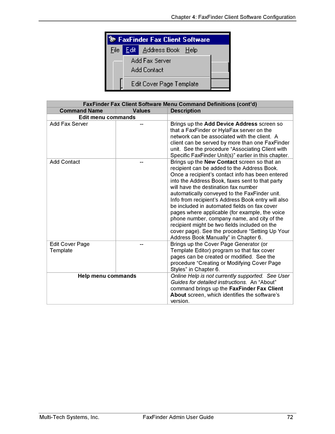 Multi-Tech Systems FF420, FF820, FF120, FF220 manual Help menu commands, Guides for detailed instructions. An About 