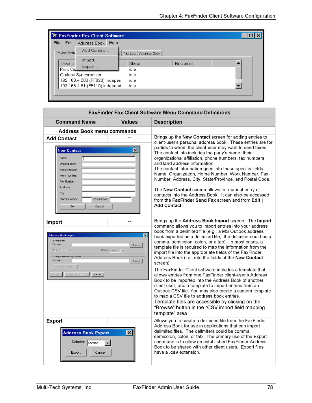 Multi-Tech Systems FF120, FF420, FF820, FF220 manual Import, Export 