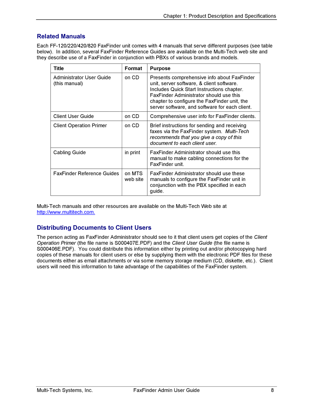 Multi-Tech Systems FF420, FF820, FF120, FF220 Related Manuals, Distributing Documents to Client Users, Title Format Purpose 