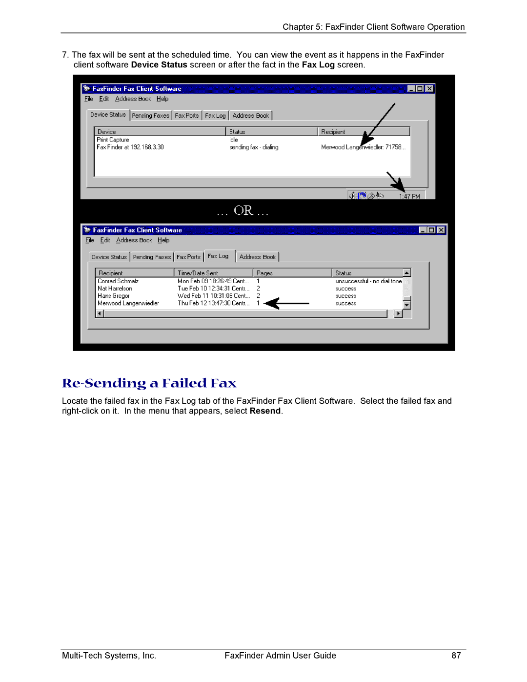 Multi-Tech Systems FF220, FF420, FF820, FF120 manual Re-Sending a Failed Fax 