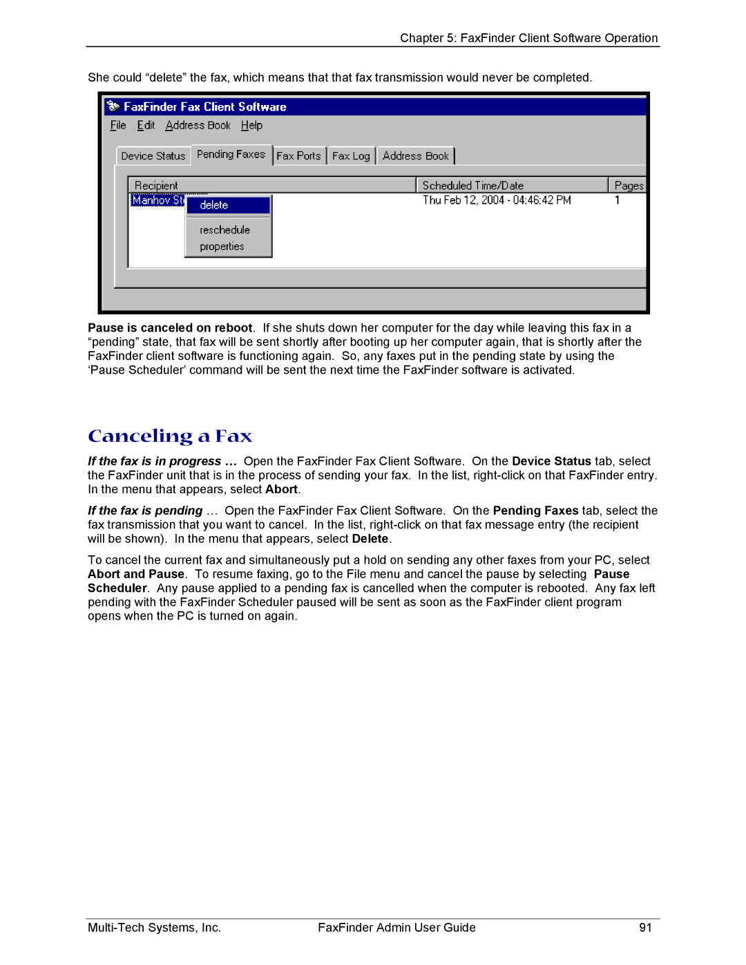 Multi-Tech Systems FF220, FF420, FF820, FF120 manual Canceling a Fax 