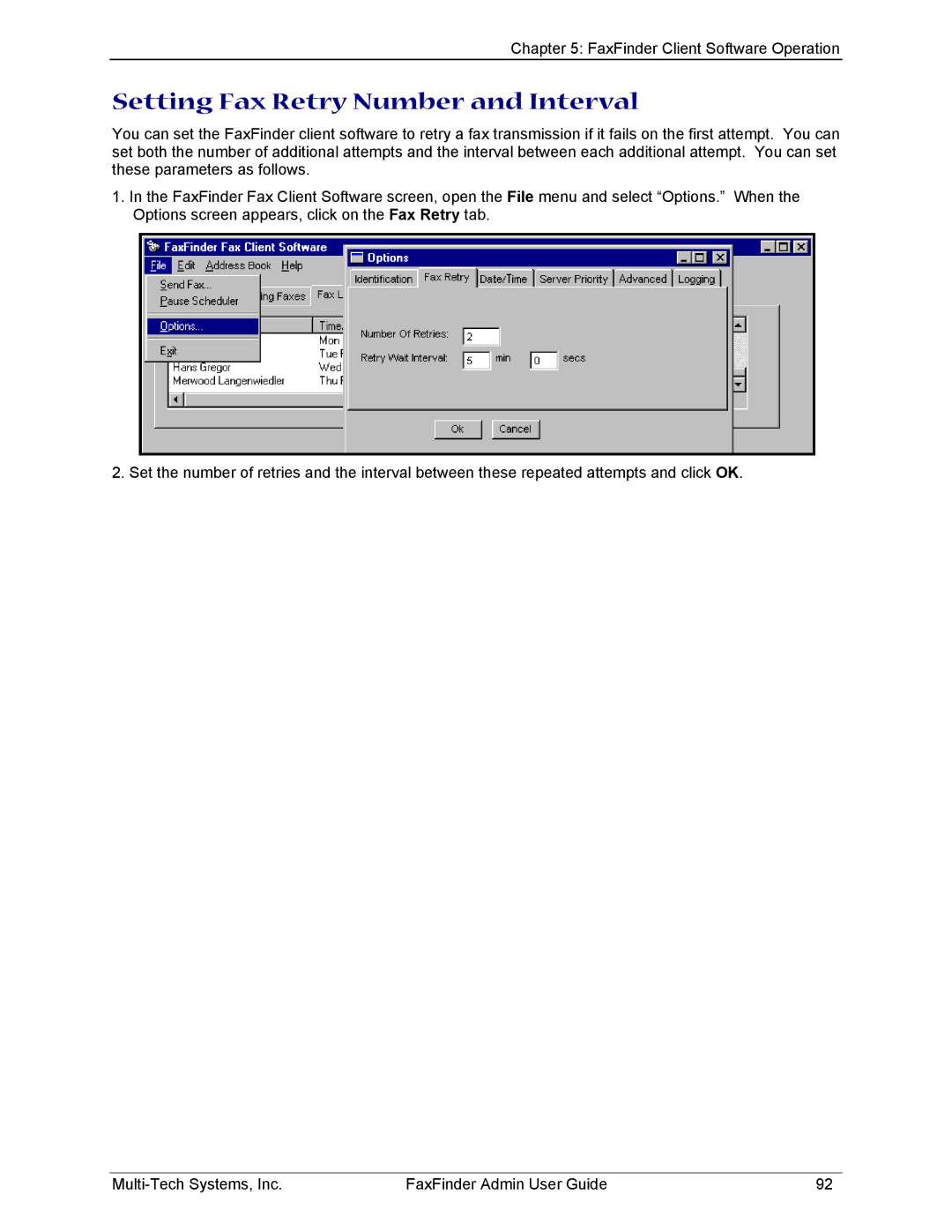 Multi-Tech Systems FF420, FF820, FF120, FF220 manual Setting Fax Retry Number and Interval 