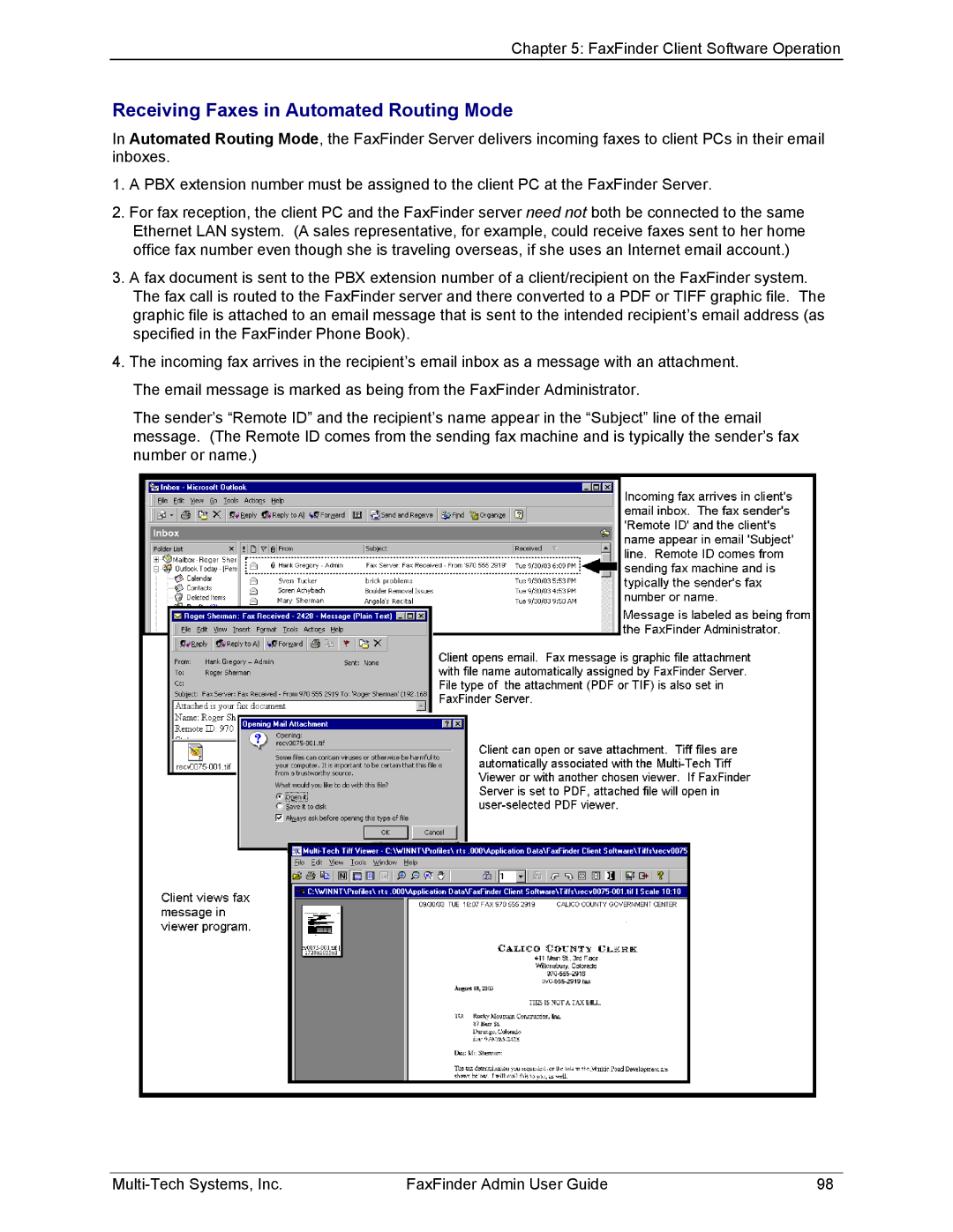 Multi-Tech Systems FF120, FF420, FF820, FF220 manual Receiving Faxes in Automated Routing Mode 