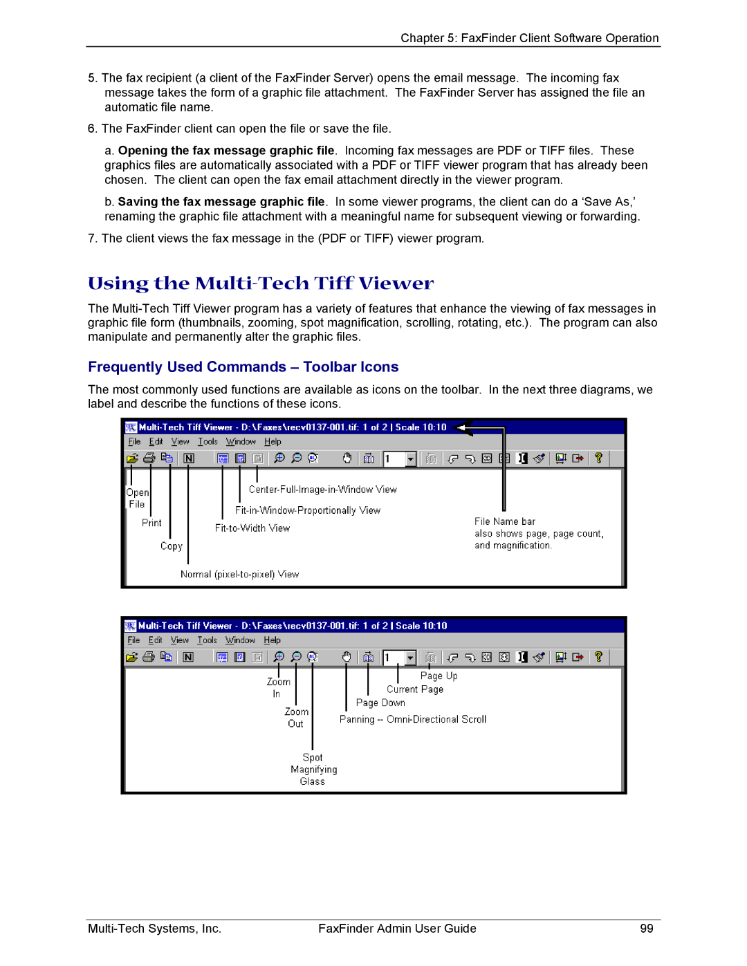 Multi-Tech Systems FF220, FF420, FF820, FF120 manual Using the Multi-Tech Tiff Viewer, Frequently Used Commands Toolbar Icons 