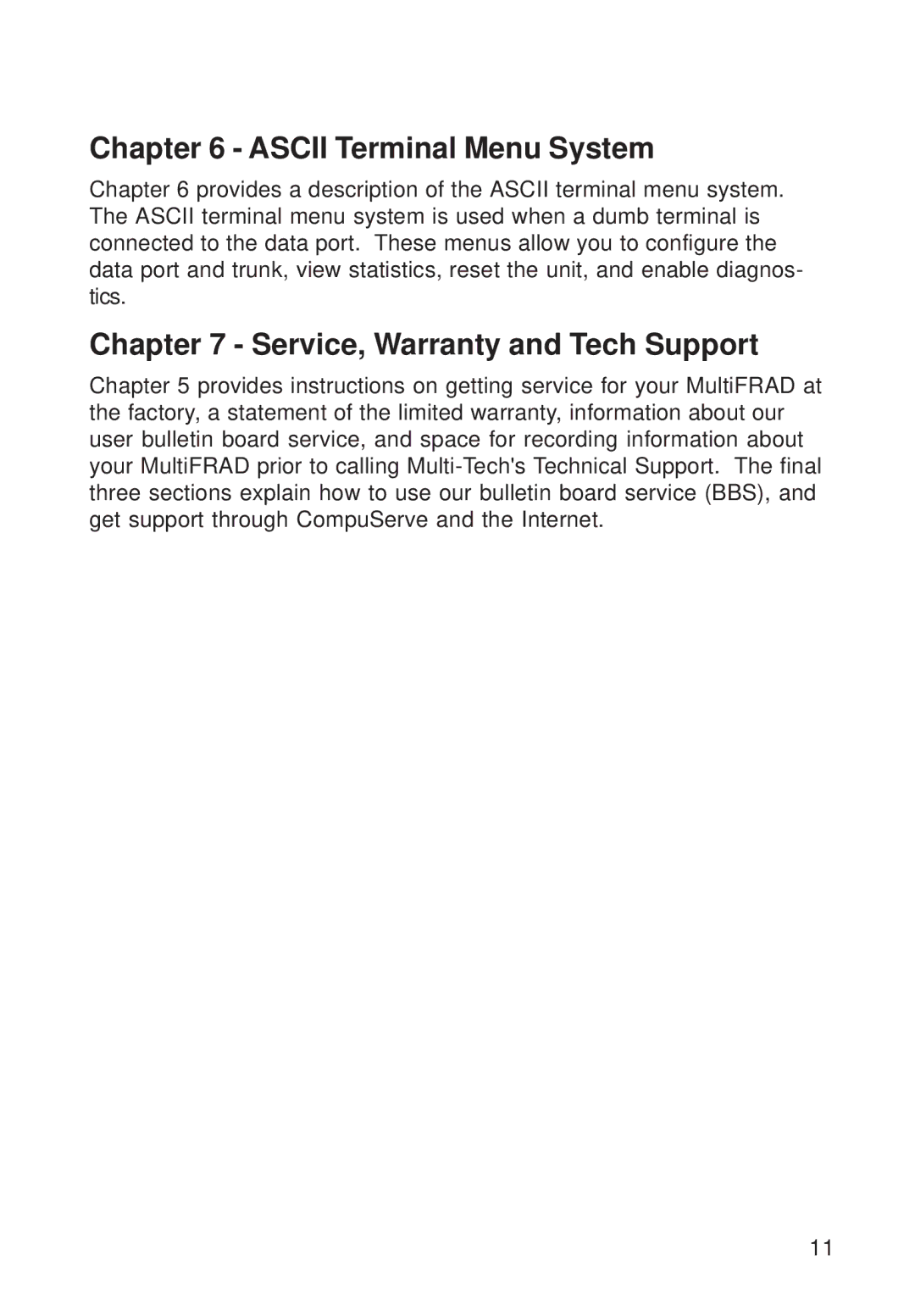 Multi-Tech Systems FR111 owner manual Ascii Terminal Menu System, Service, Warranty and Tech Support 