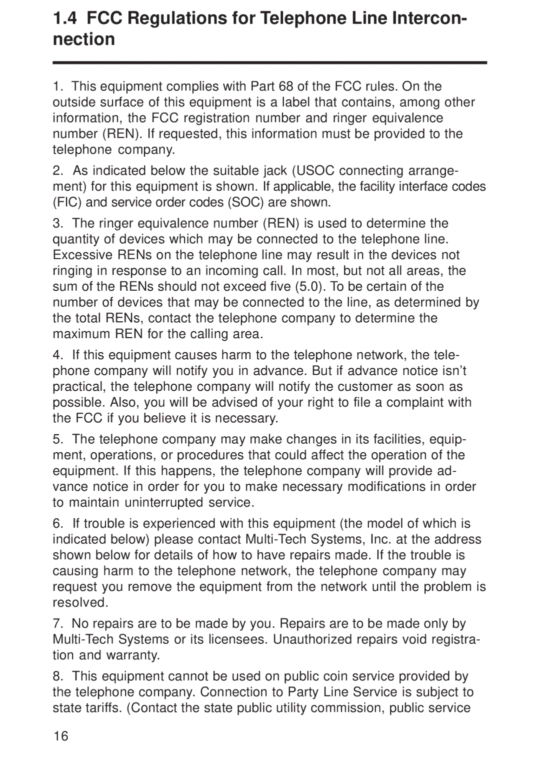 Multi-Tech Systems FR111 owner manual FCC Regulations for Telephone Line Intercon- nection 