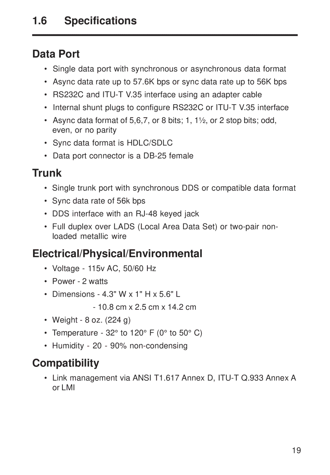 Multi-Tech Systems FR111 owner manual Specifications Data Port, Trunk, Electrical/Physical/Environmental, Compatibility 