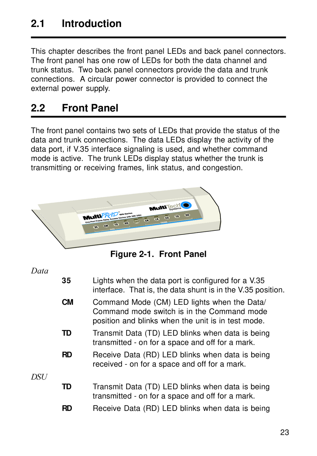 Multi-Tech Systems FR111 owner manual Front Panel, Data 