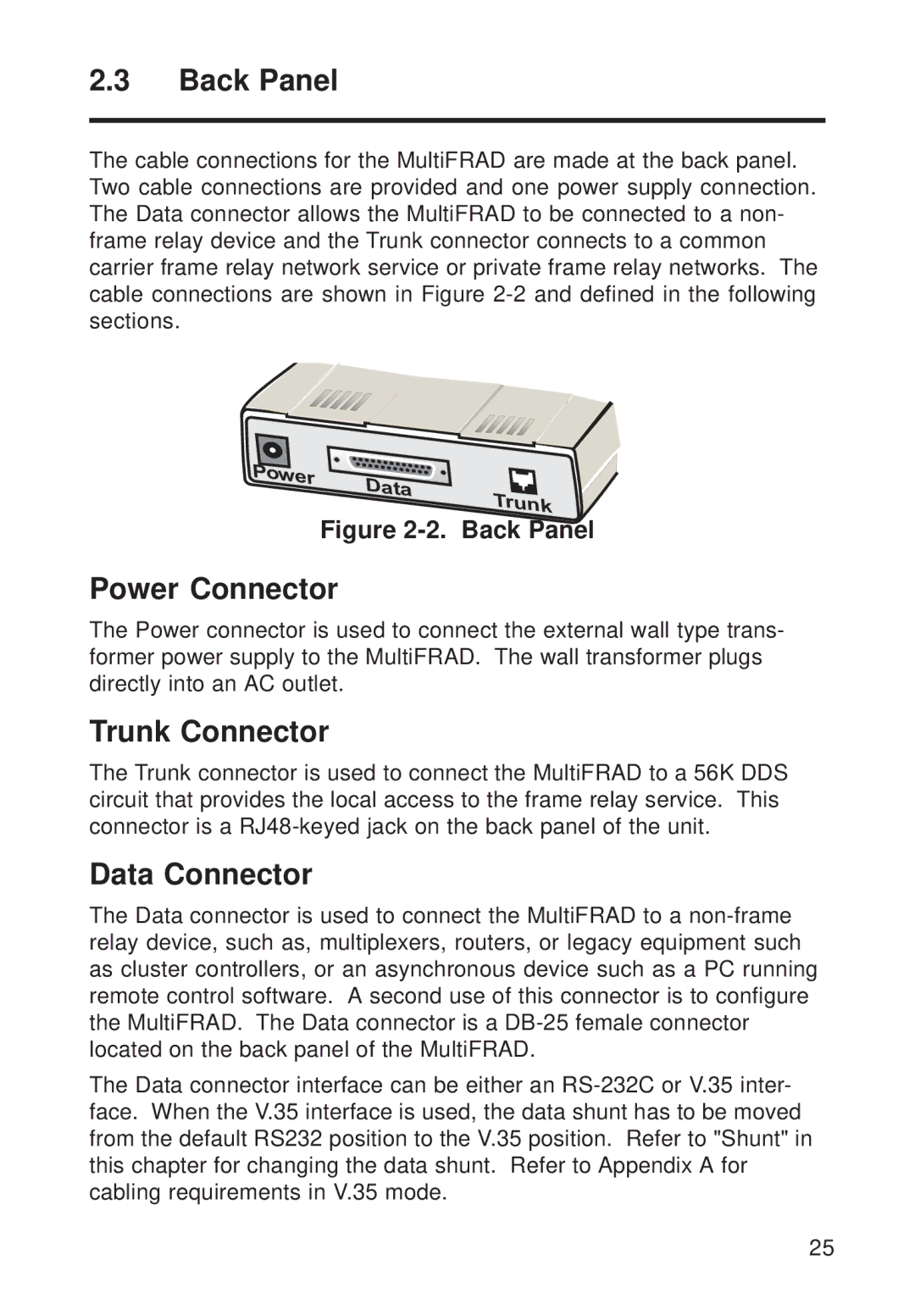 Multi-Tech Systems FR111 owner manual Back Panel, Power Connector, Trunk Connector, Data Connector 