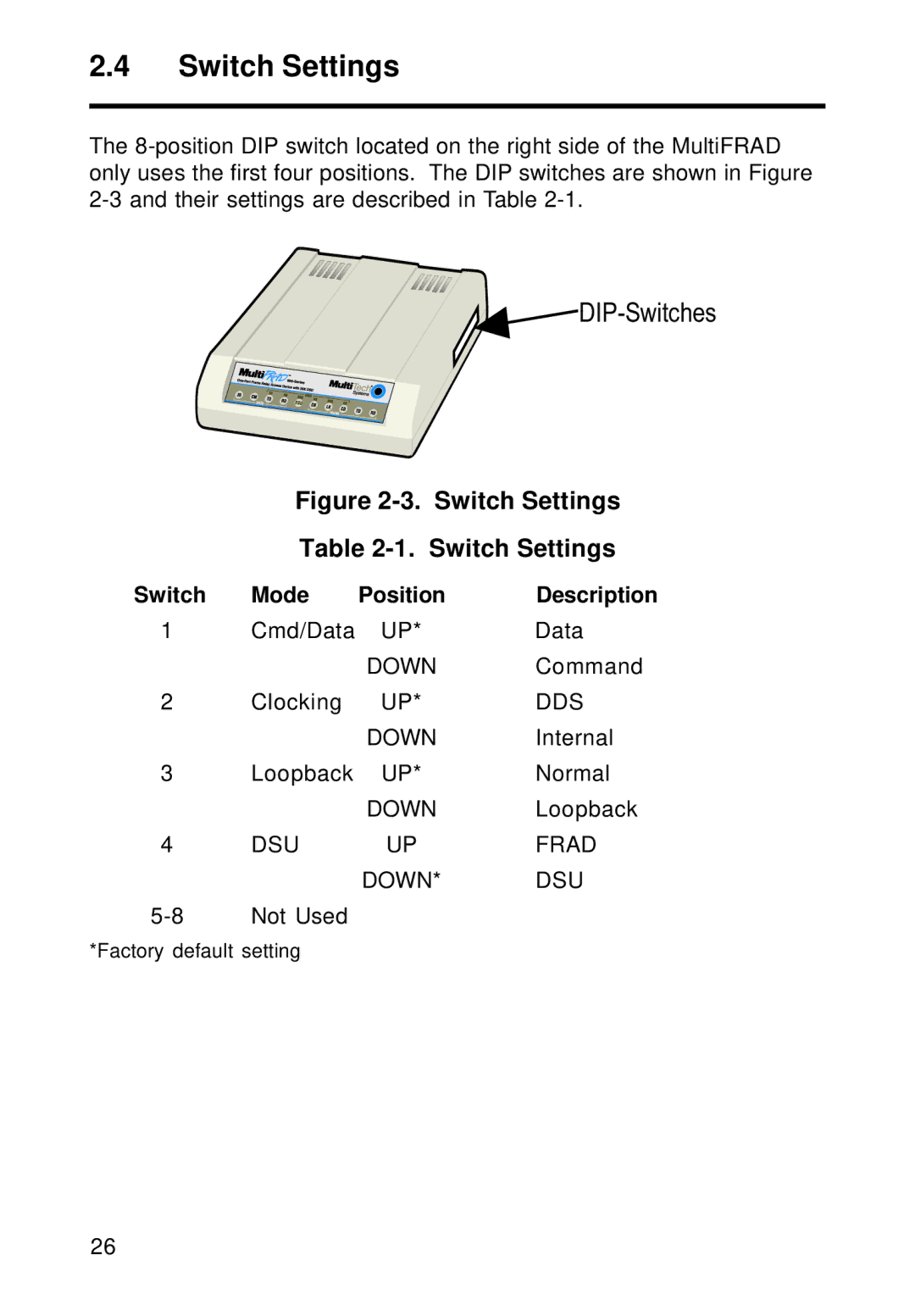 Multi-Tech Systems FR111 owner manual Switch Settings, DIP-Switches 