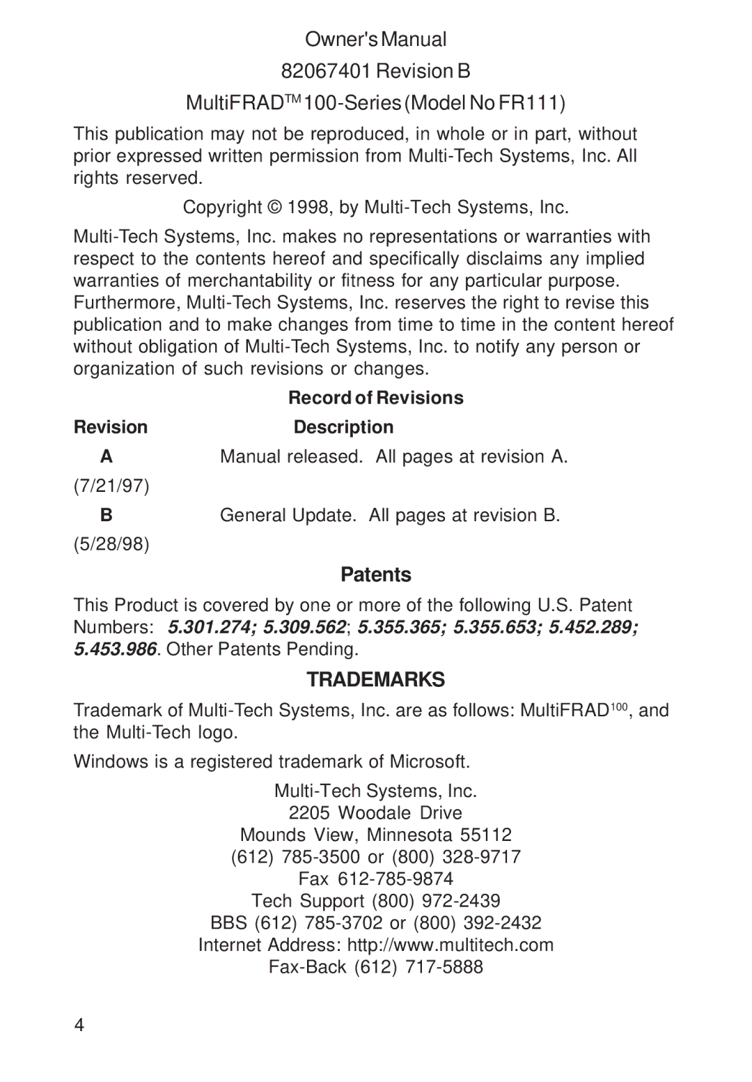 Multi-Tech Systems FR111 owner manual Trademarks 