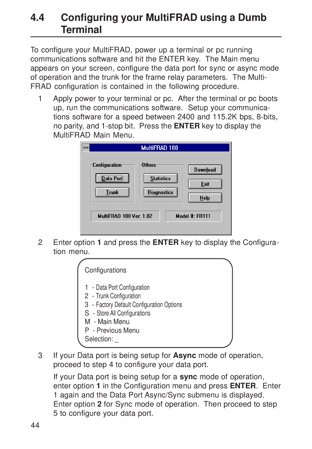 Multi-Tech Systems FR111 owner manual Configuring your MultiFRAD using a Dumb Terminal 