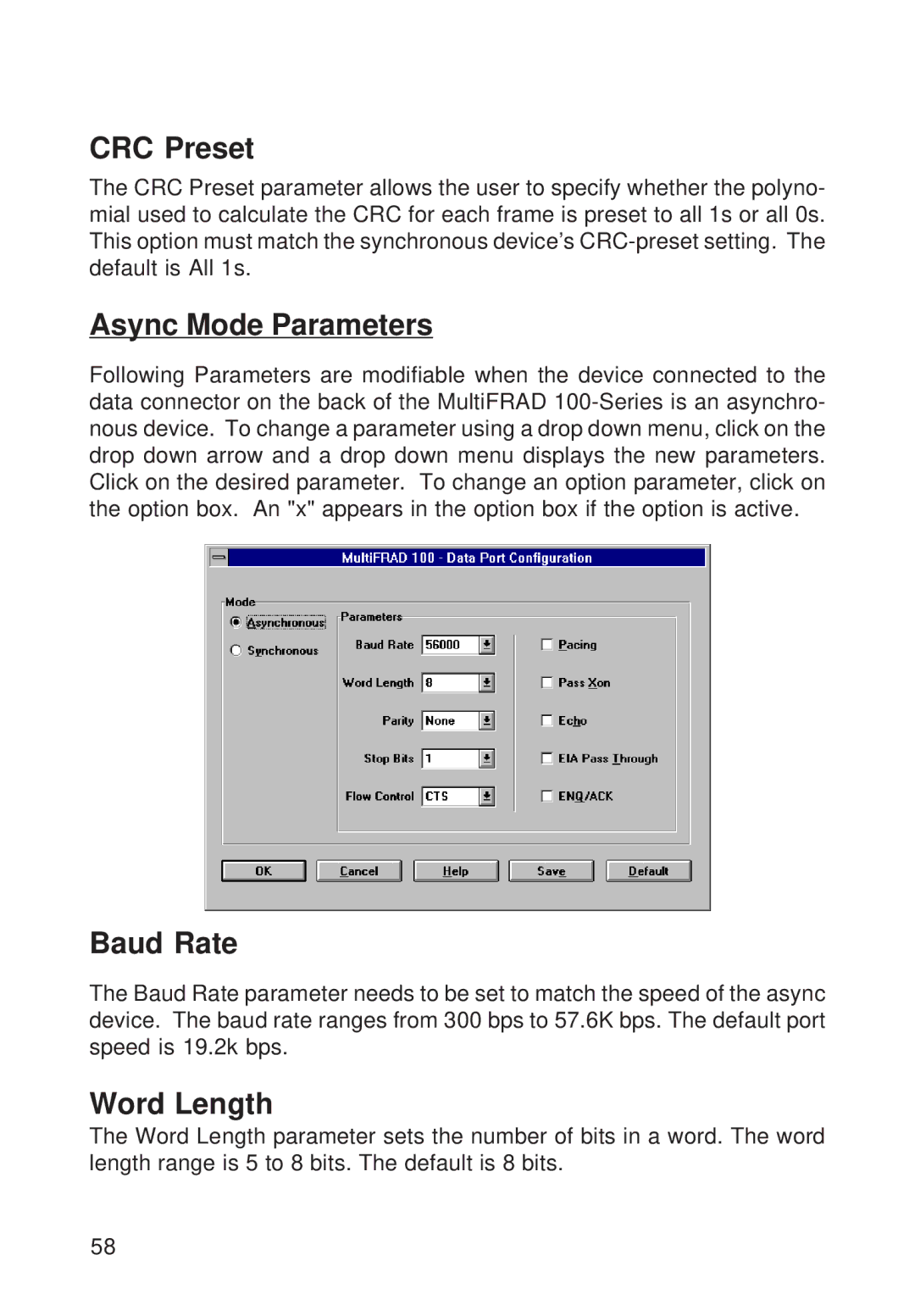 Multi-Tech Systems FR111 owner manual CRC Preset, Async Mode Parameters, Baud Rate, Word Length 