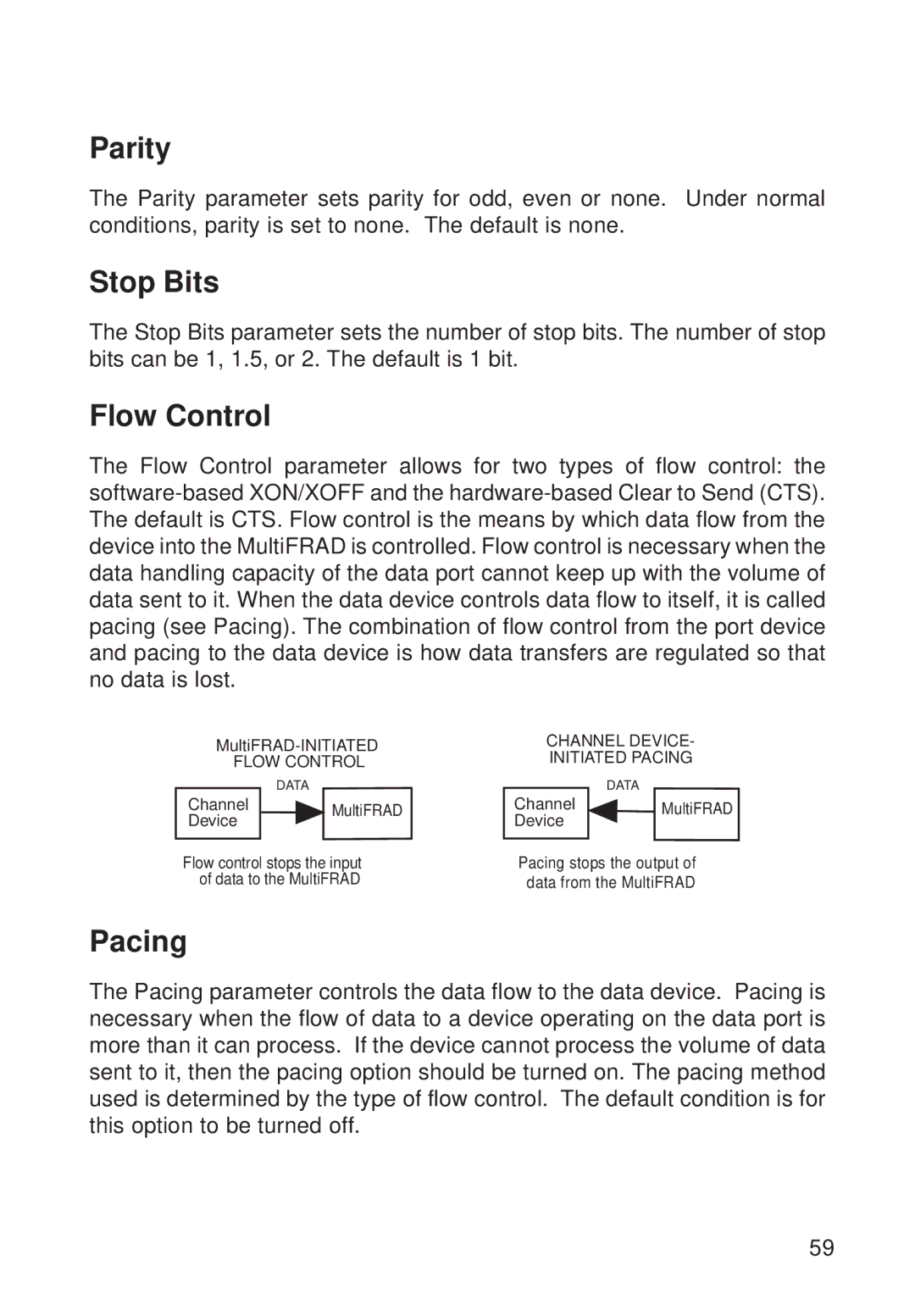 Multi-Tech Systems FR111 owner manual Parity, Stop Bits, Flow Control, Pacing 