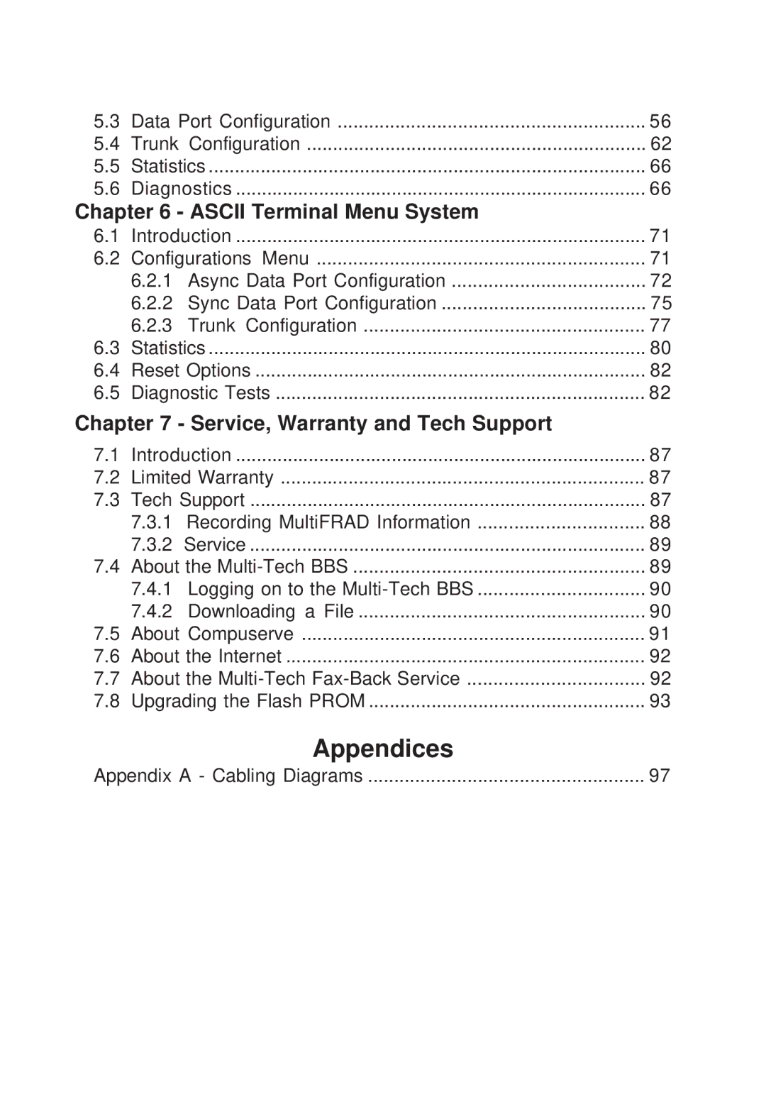 Multi-Tech Systems FR111 owner manual Appendices, Ascii Terminal Menu System 