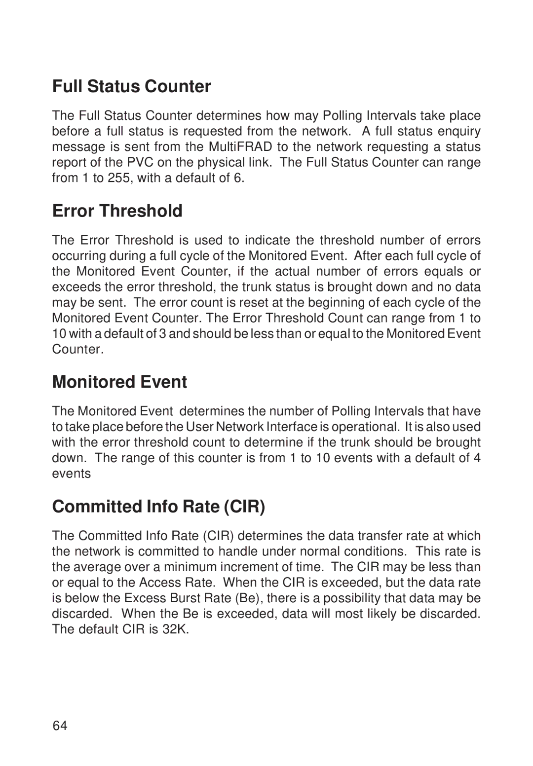 Multi-Tech Systems FR111 owner manual Full Status Counter, Error Threshold, Monitored Event, Committed Info Rate CIR 