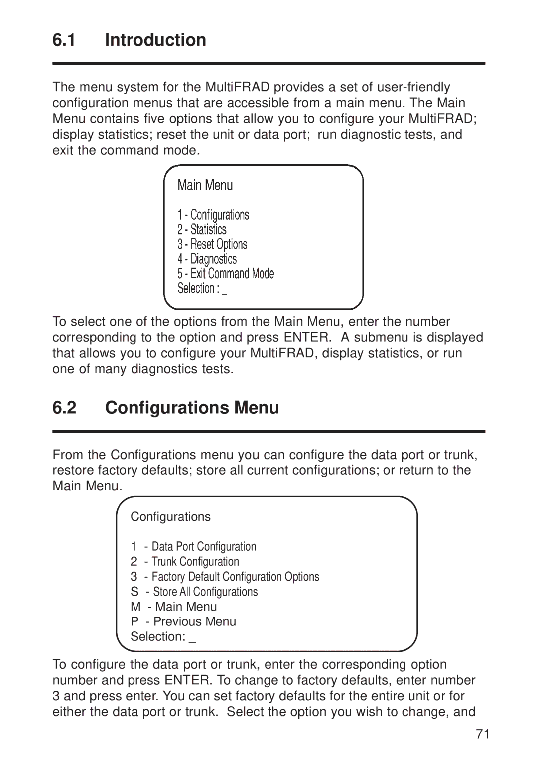 Multi-Tech Systems FR111 owner manual Introduction, Configurations Menu 