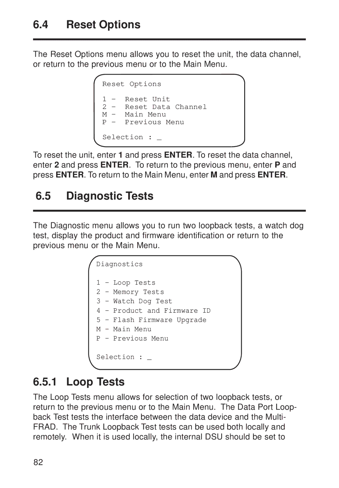 Multi-Tech Systems FR111 owner manual Reset Options, Diagnostic Tests 