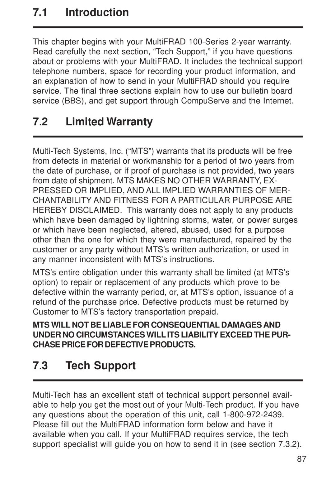 Multi-Tech Systems FR111 owner manual Limited Warranty, Tech Support 