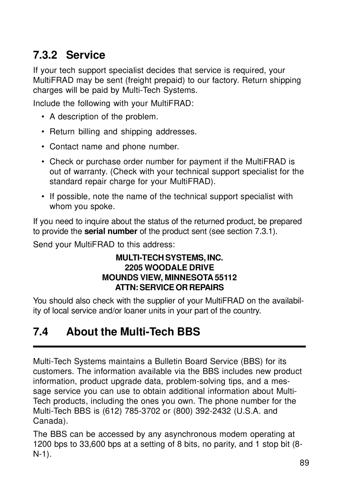 Multi-Tech Systems FR111 owner manual Service, About the Multi-Tech BBS 