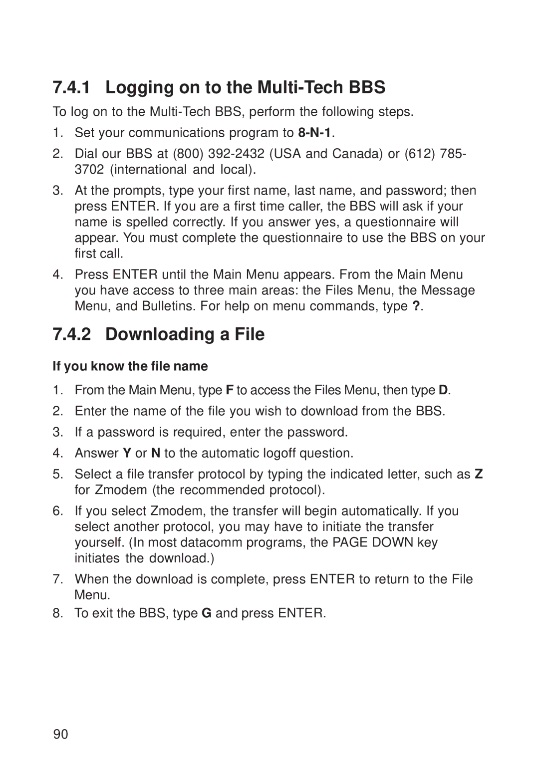 Multi-Tech Systems FR111 owner manual Logging on to the Multi-Tech BBS, Downloading a File 