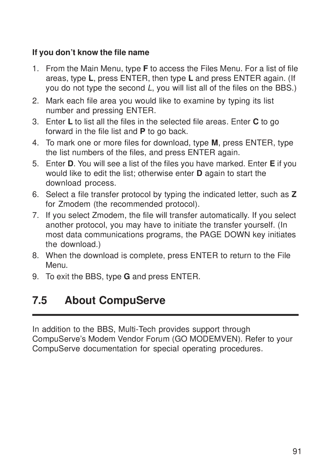 Multi-Tech Systems FR111 owner manual About CompuServe, If you don’t know the file name 