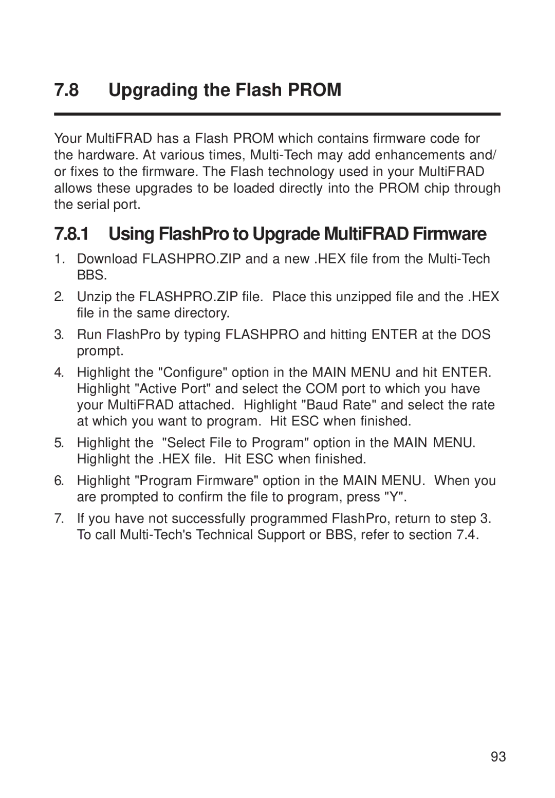 Multi-Tech Systems FR111 owner manual Upgrading the Flash Prom, Using FlashPro to Upgrade MultiFRAD Firmware 