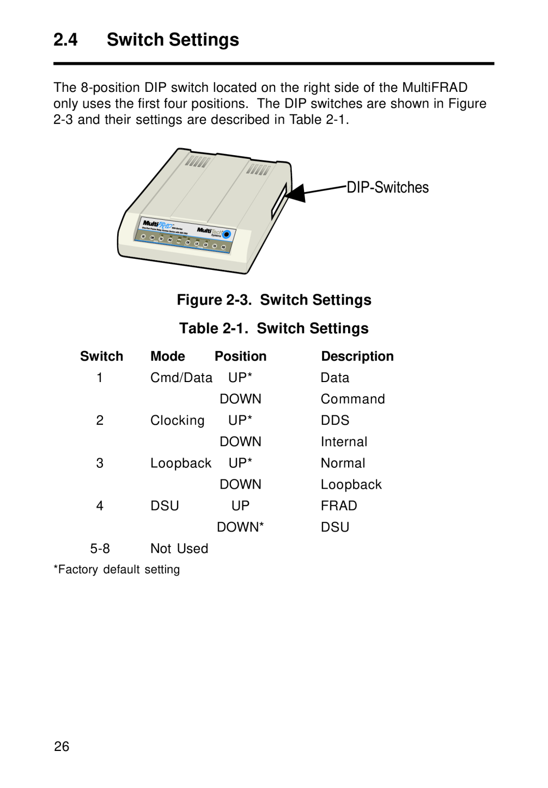 Multi-Tech Systems FR111 owner manual 3. Switch Settings, 1. Switch Settings, Mode, Position, Description, DIP-Switches 