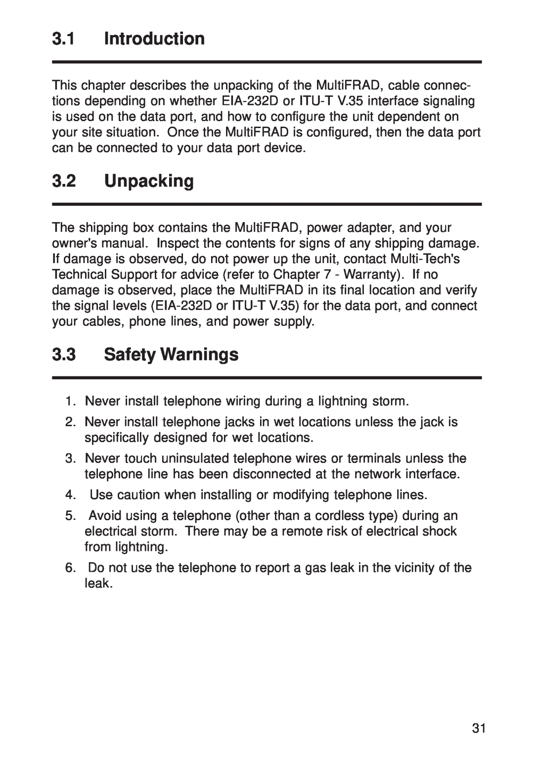 Multi-Tech Systems FR111 owner manual Introduction, Unpacking, Safety Warnings 