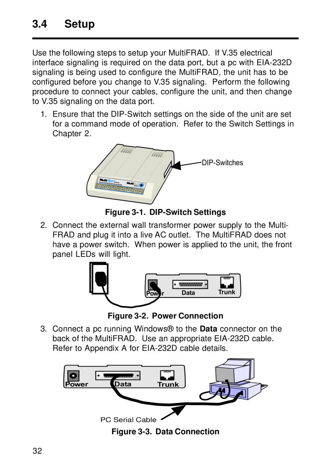 Multi-Tech Systems FR111 owner manual Setup, 1. DIP-Switch Settings, 2. Power Connection, 3. Data Connection 