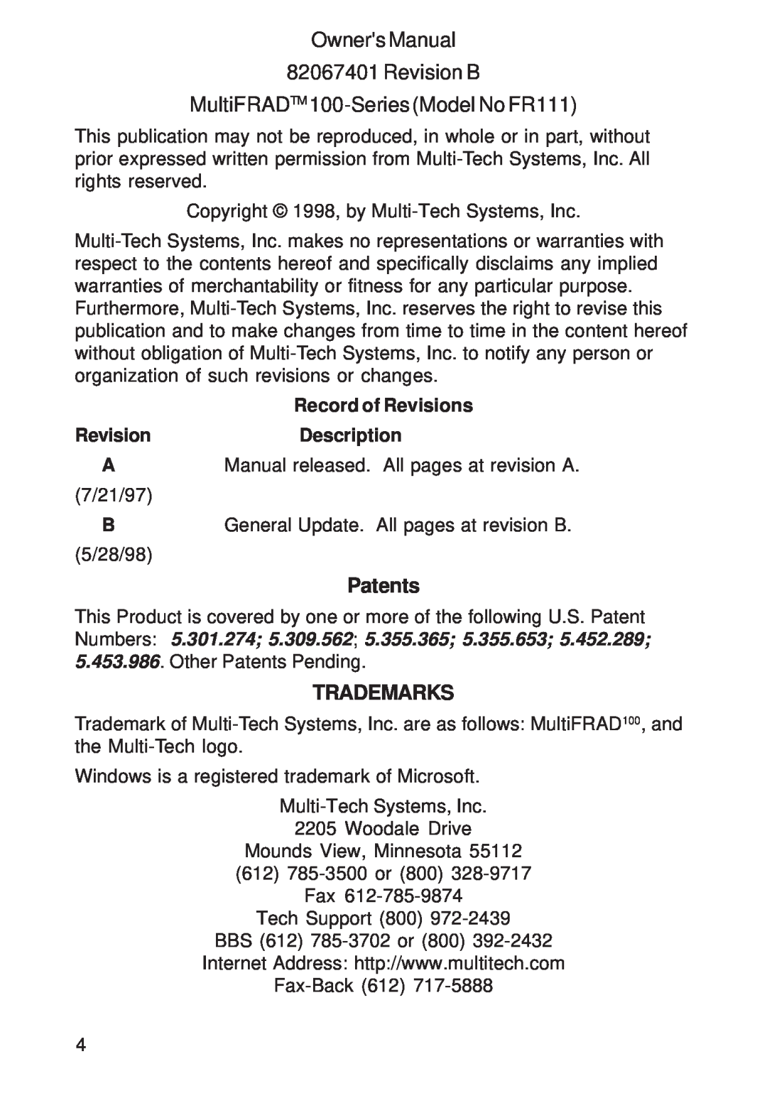 Multi-Tech Systems Owners Manual 82067401 Revision B, MultiFRADTM 100-Series Model No FR111, Patents, Trademarks 