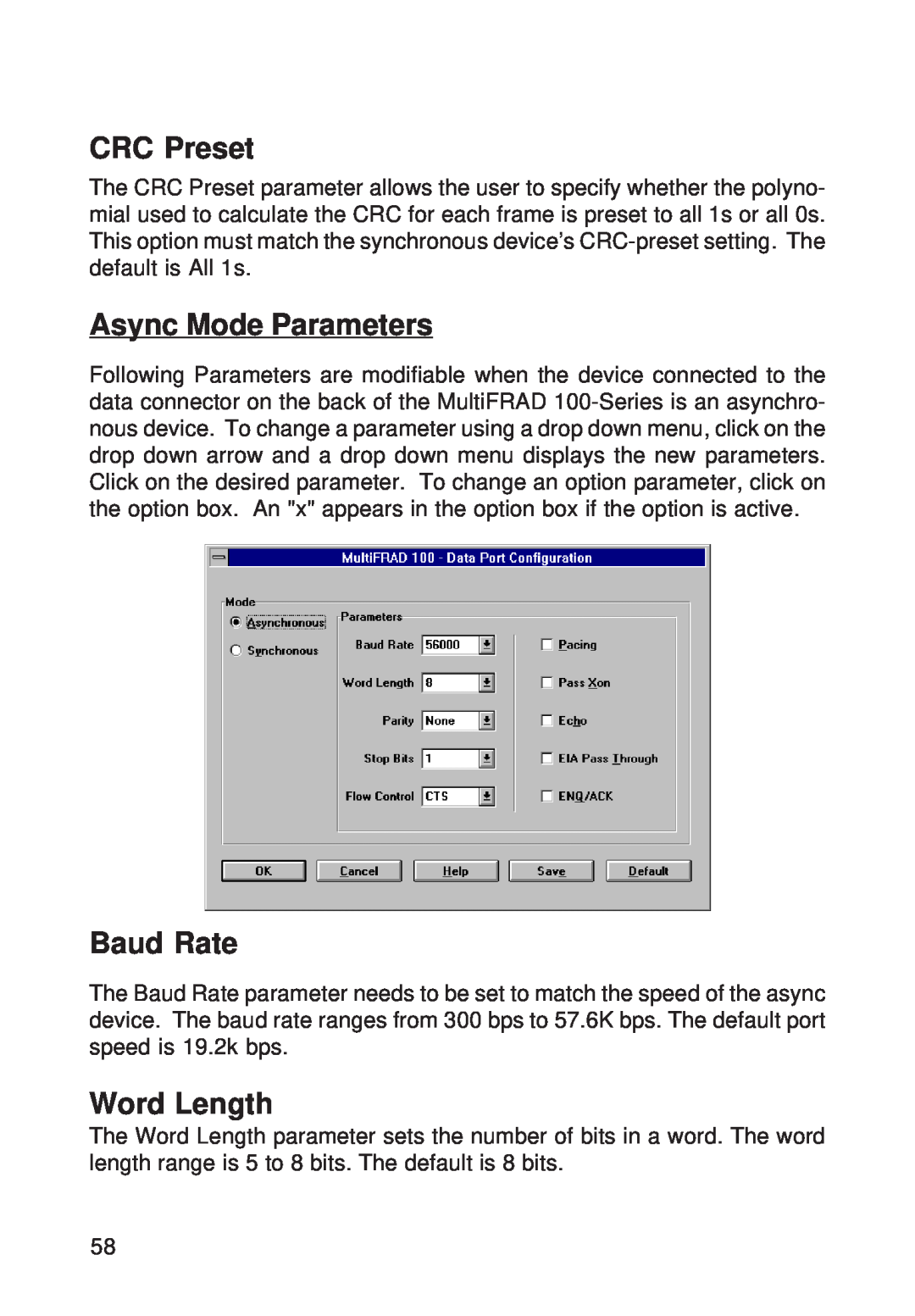 Multi-Tech Systems FR111 owner manual CRC Preset, Async Mode Parameters, Baud Rate, Word Length 