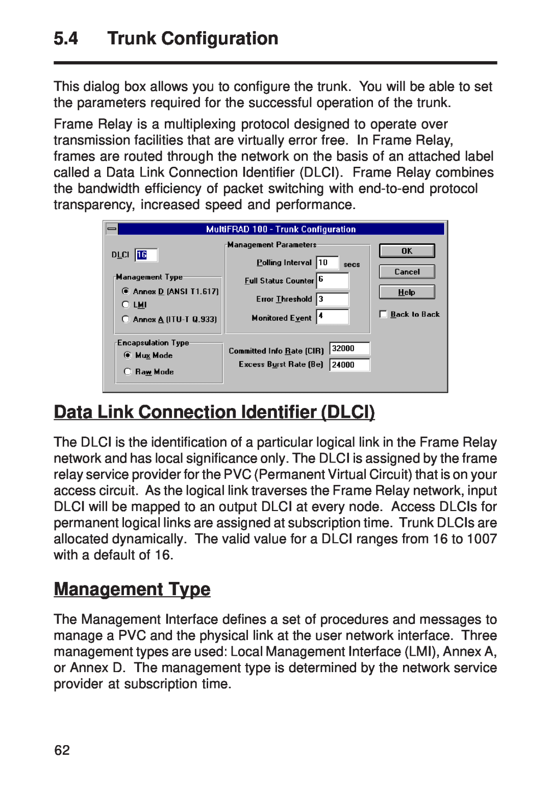 Multi-Tech Systems FR111 owner manual Trunk Configuration, Data Link Connection Identifier DLCI, Management Type 