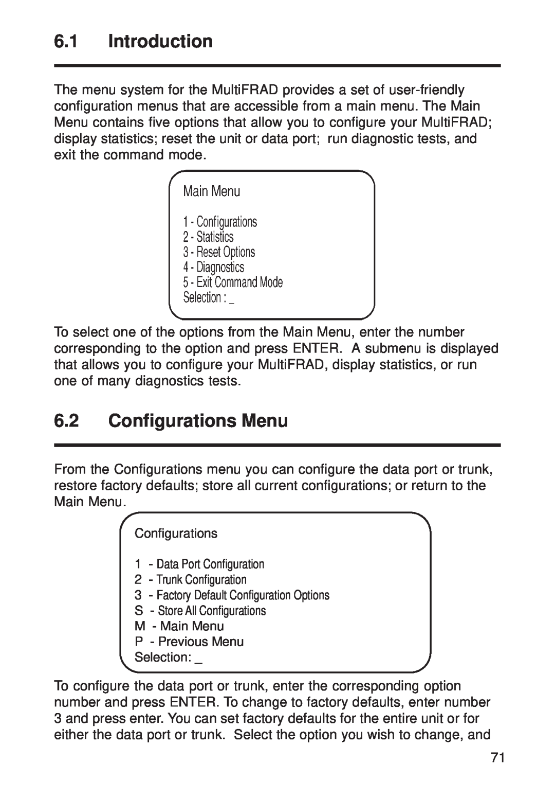 Multi-Tech Systems FR111 owner manual Introduction, Configurations Menu 
