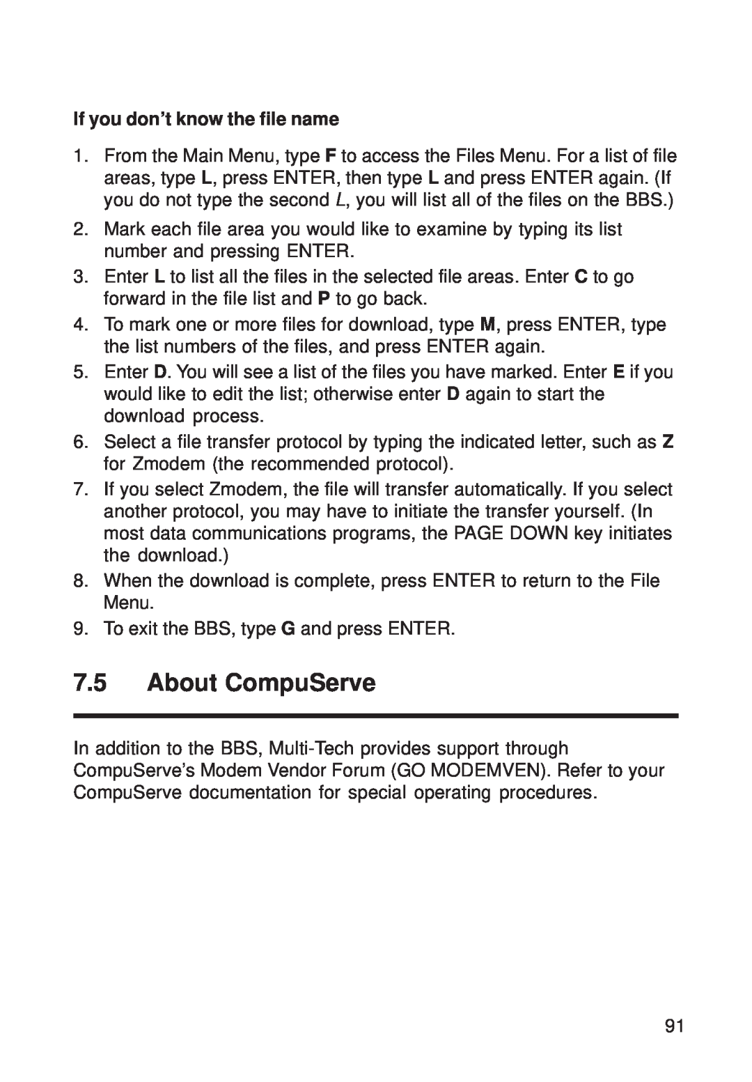 Multi-Tech Systems FR111 owner manual About CompuServe, If you don’t know the file name 