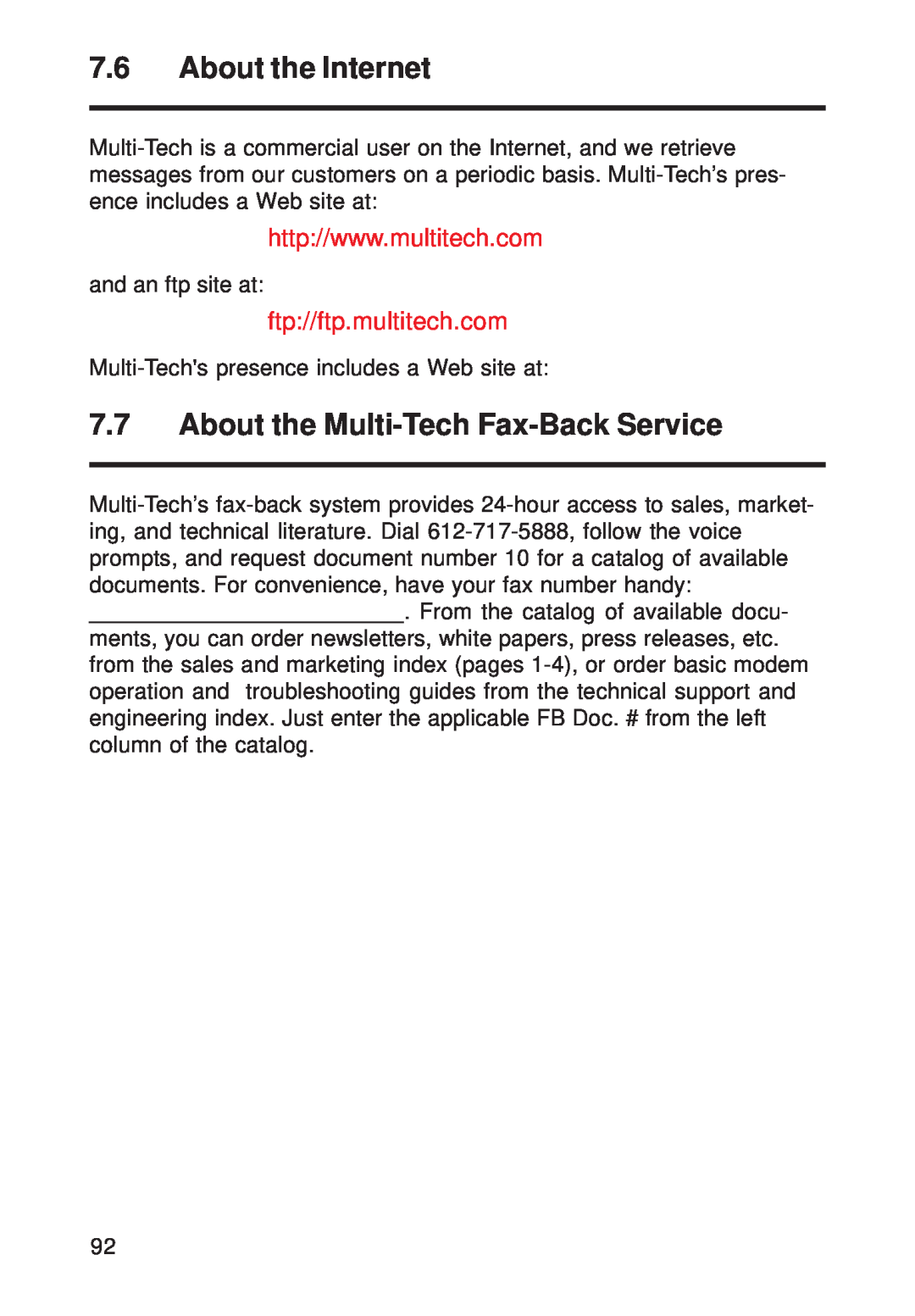 Multi-Tech Systems FR111 owner manual About the Internet, About the Multi-Tech Fax-Back Service, ftp//ftp.multitech.com 