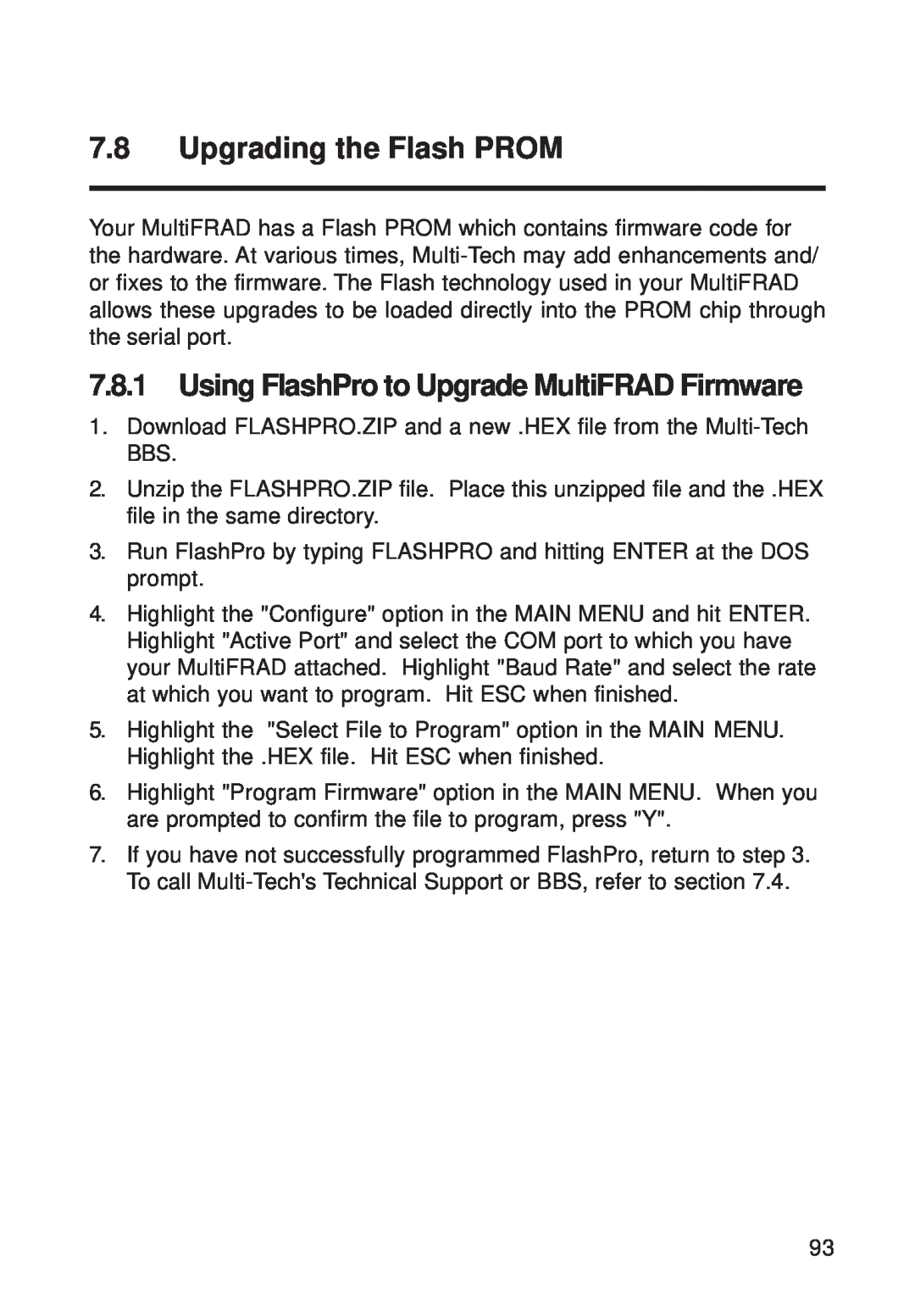 Multi-Tech Systems FR111 owner manual Upgrading the Flash PROM, Using FlashPro to Upgrade MultiFRAD Firmware 