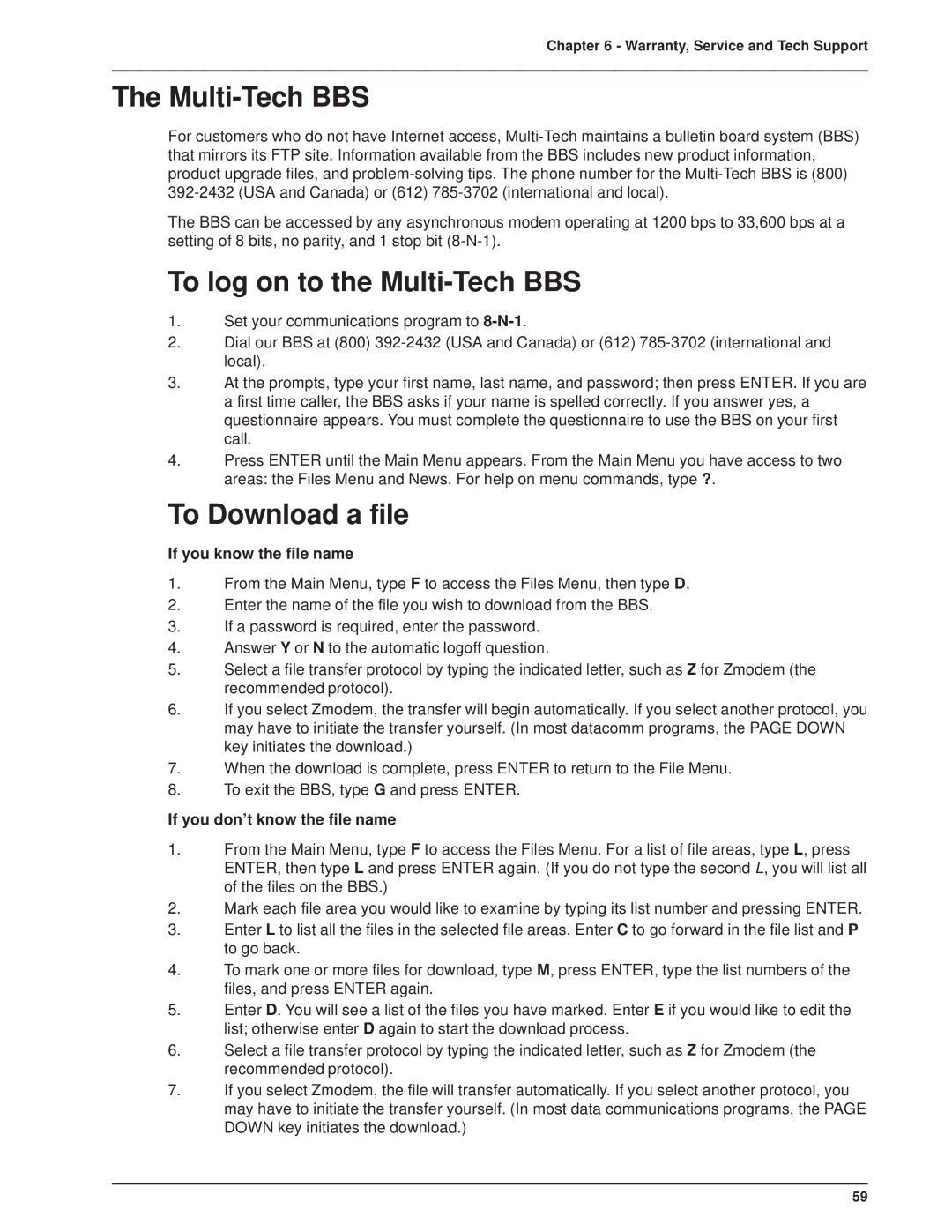 Multi-Tech Systems FR2201 manual To log on to the Multi-Tech BBS, To Download a file 